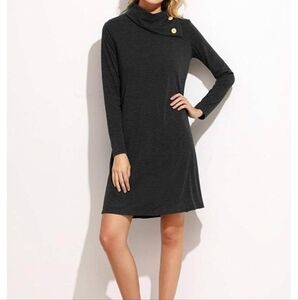 NWT Elegant Black Turtleneck T-shirt Dress With Pockets ( No Buttons) Dark Grey